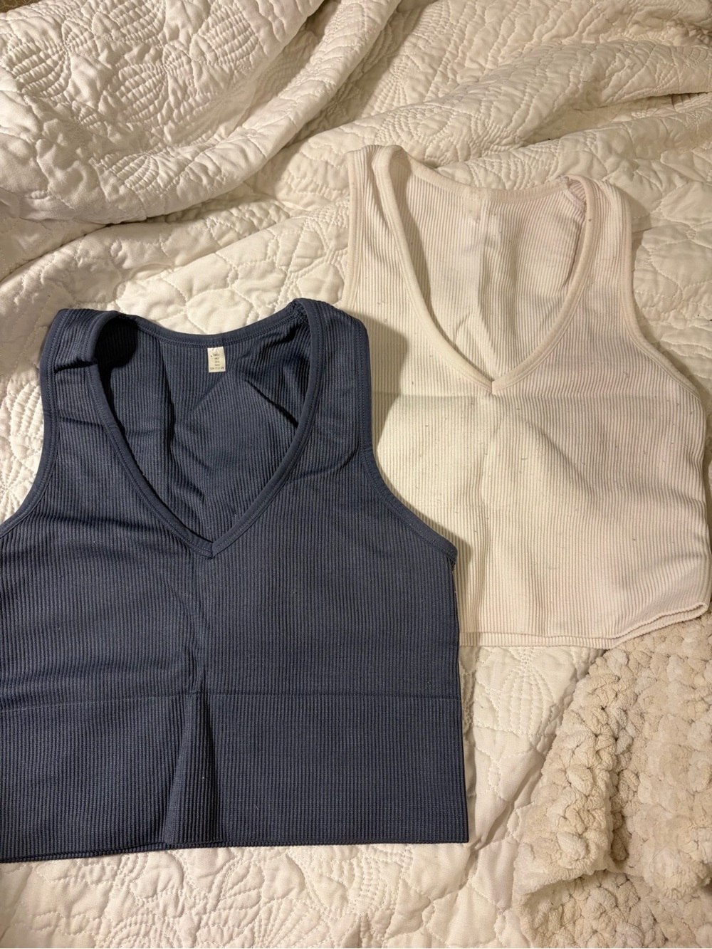 Ribbed V-Neck Cropped Tank Duo in Navy and Cream